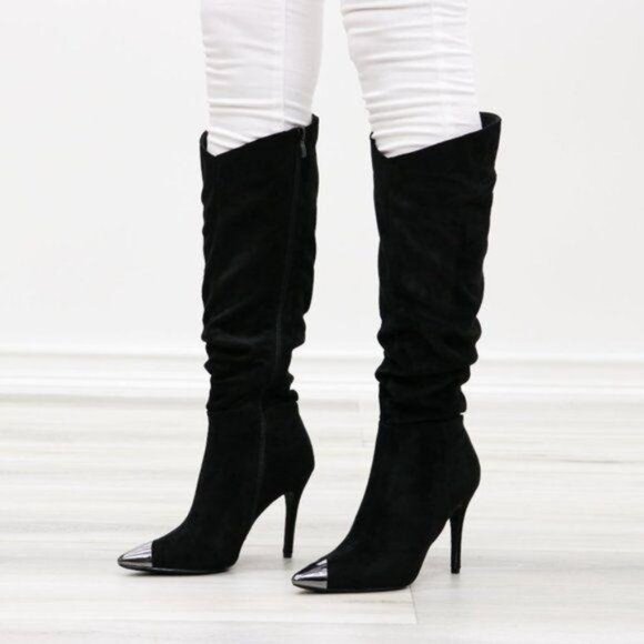 Pointy Toe Below The Knee Black Boots Faux Suede - Picture 2 of 16